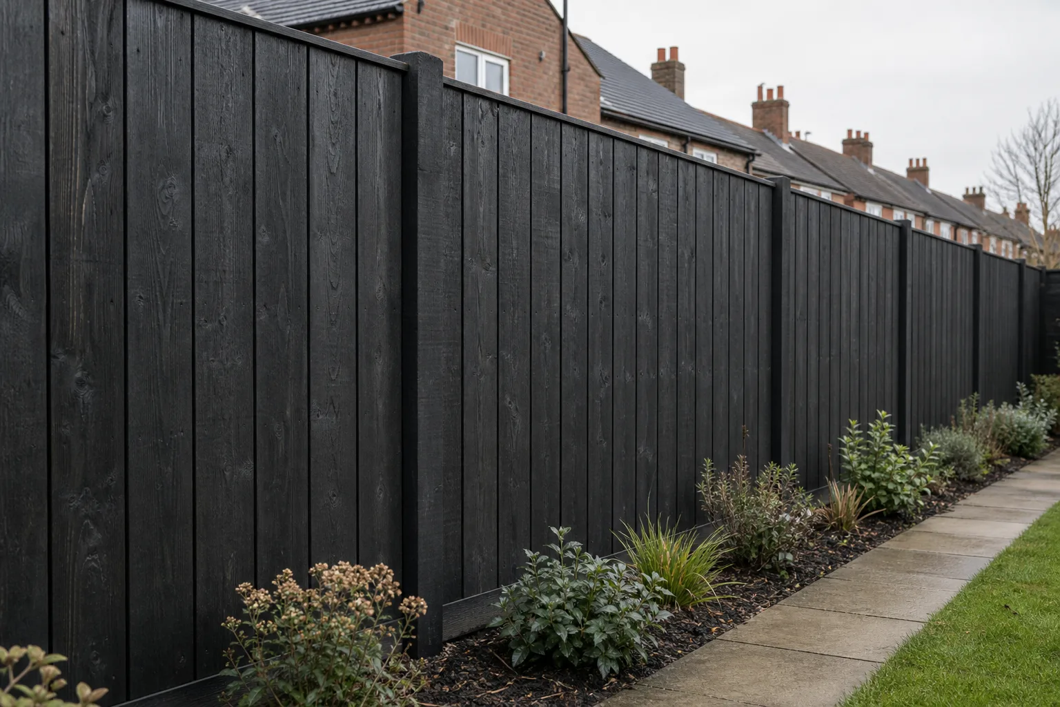 A straight run of charcoal timber garden fencing